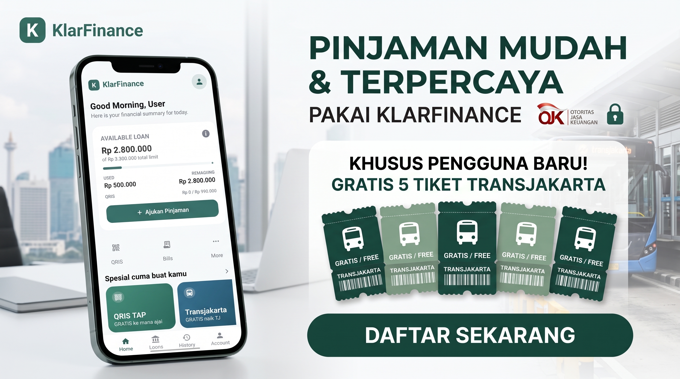 Pinjaman mudah dan terpercaya pakai KlarFinance, gratis 5 tiket TransJakarta untuk pengguna baru